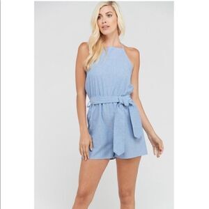 New 2HEARTS Striped Halter Belted Romper